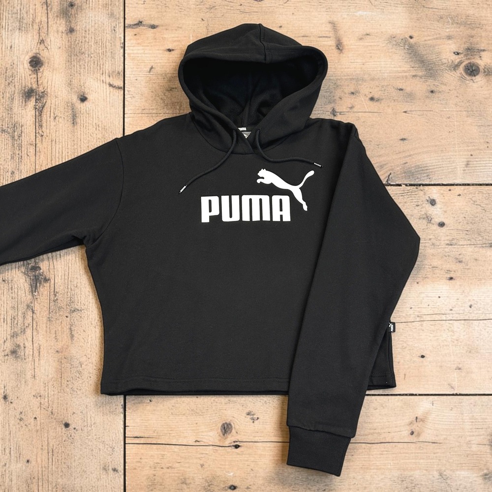Puma Hoodie Womens XS Black Essentials Logo Cropped Fleece Pullover Sweatshirt
